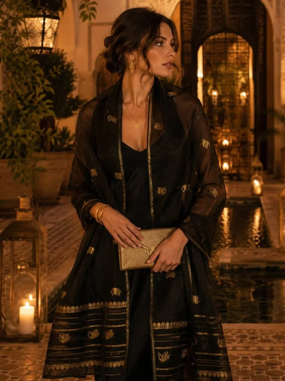 Sheer Black & Gold Embroidered Evening Scarf Shawl | Quiet Luxury